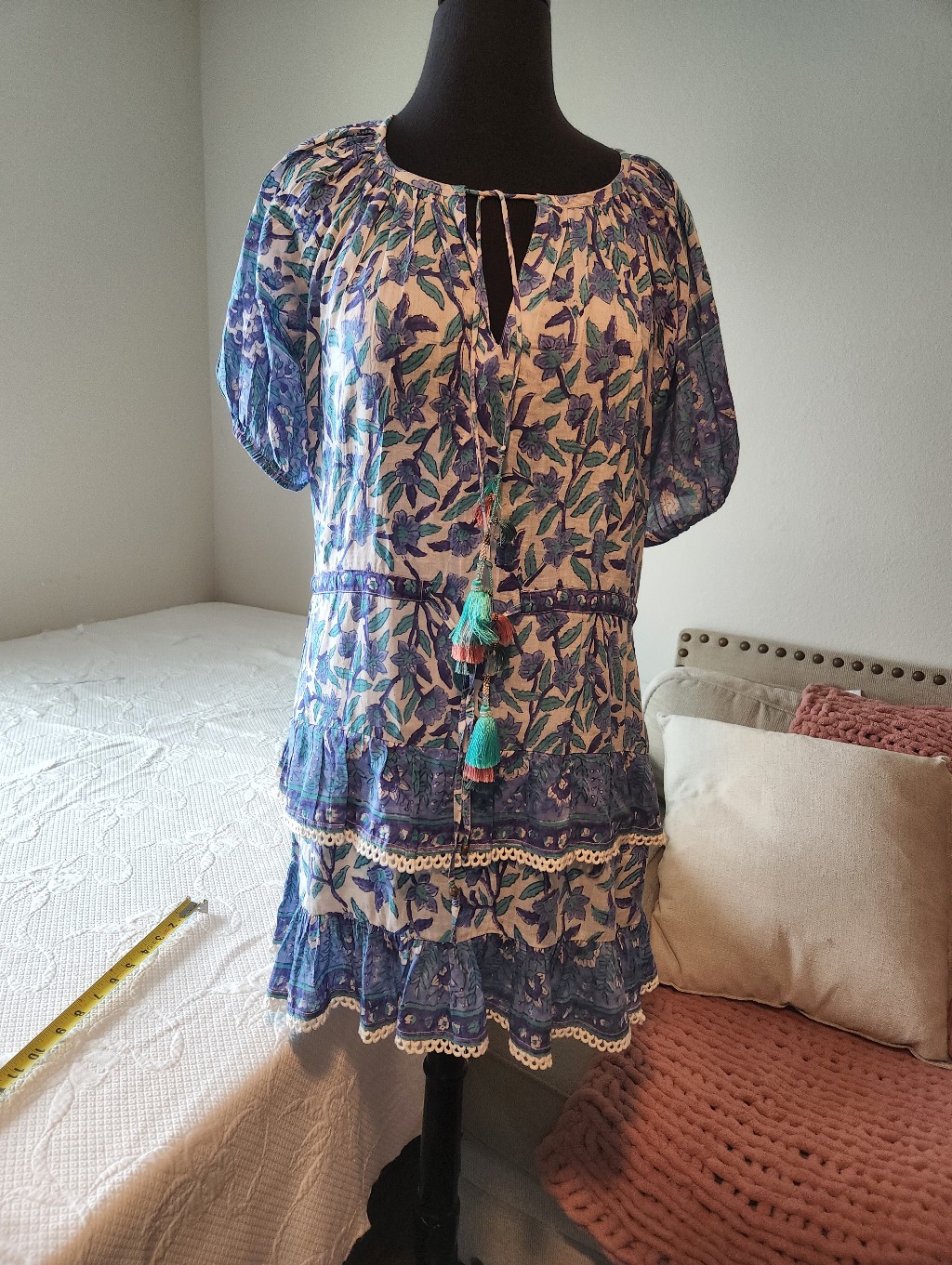 Bell Boho Floral Tiered Peasant Dress In Blue And Cream